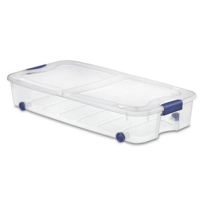 66 Quart Wheeled Latch Box, Clear Underbed Storage Bin with Lid, Blue
