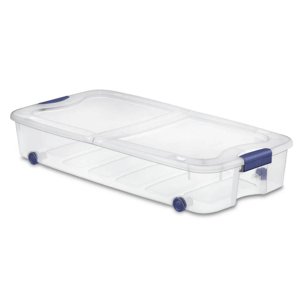 66 Quart Wheeled Latch Box, Clear Underbed Storage Bin with Lid, Blue