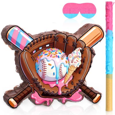 Jexine Ice Cream Drip Baseball Piata Set Ice Cream Sport Party Supplies Fiesta Piata Bundle with Blindfold Bat Stick for Summer Sport Baseball Drip Birthday Party Event Supplies Decor
