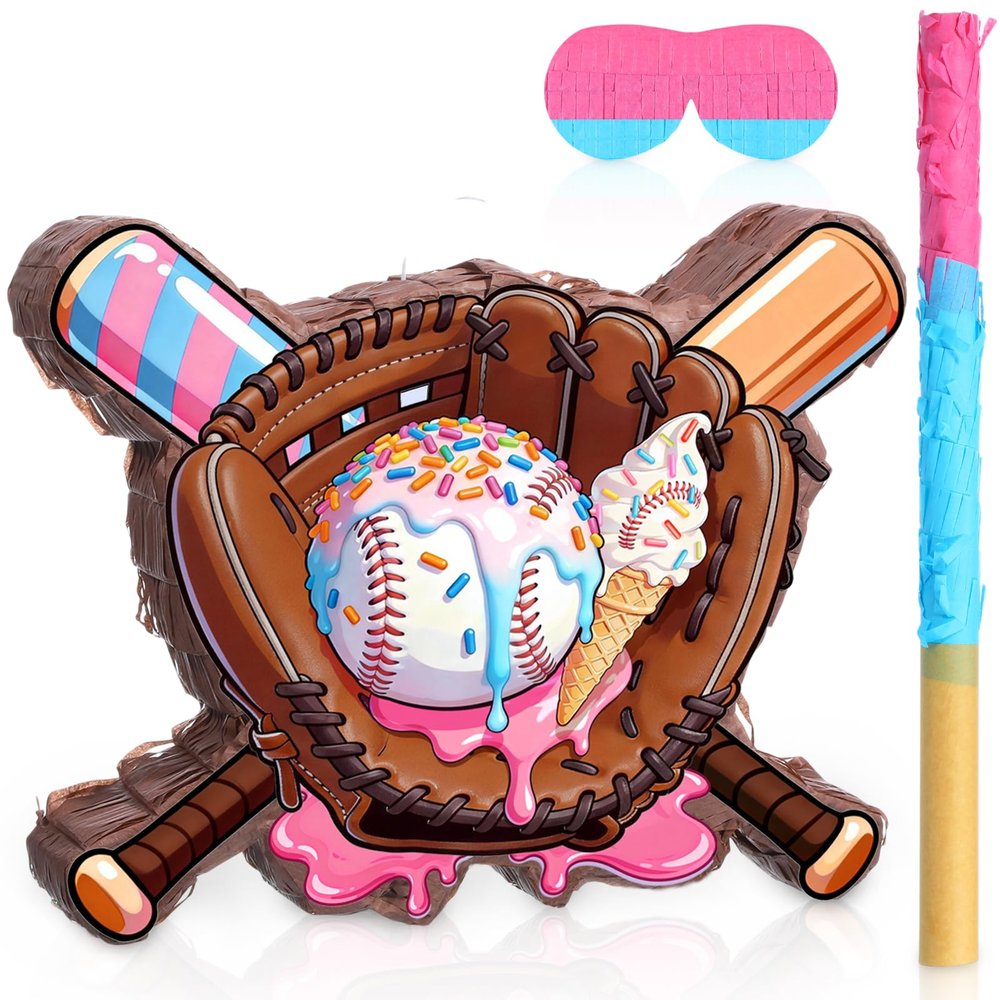 Jexine Ice Cream Drip Baseball Piata Set Ice Cream Sport Party Supplies Fiesta Piata Bundle with Blindfold Bat Stick for Summer Sport Baseball Drip Birthday Party Event Supplies Decor