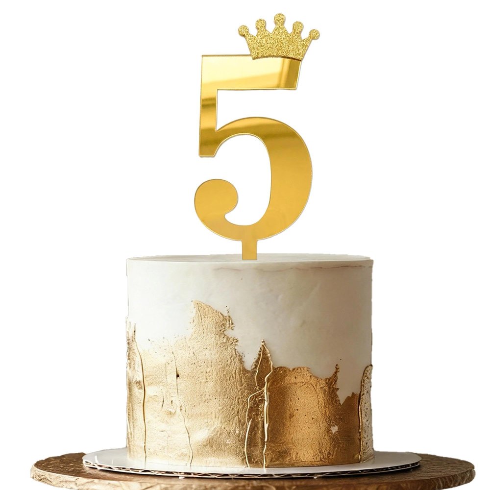 10 PCS Gold Number 5 Cake Topper Set with Crown Mirror Acrylic Cake Picks with 12 Crown Stickers Fifth Birthday Party Decor 5th Anniversary Dessert Decorations