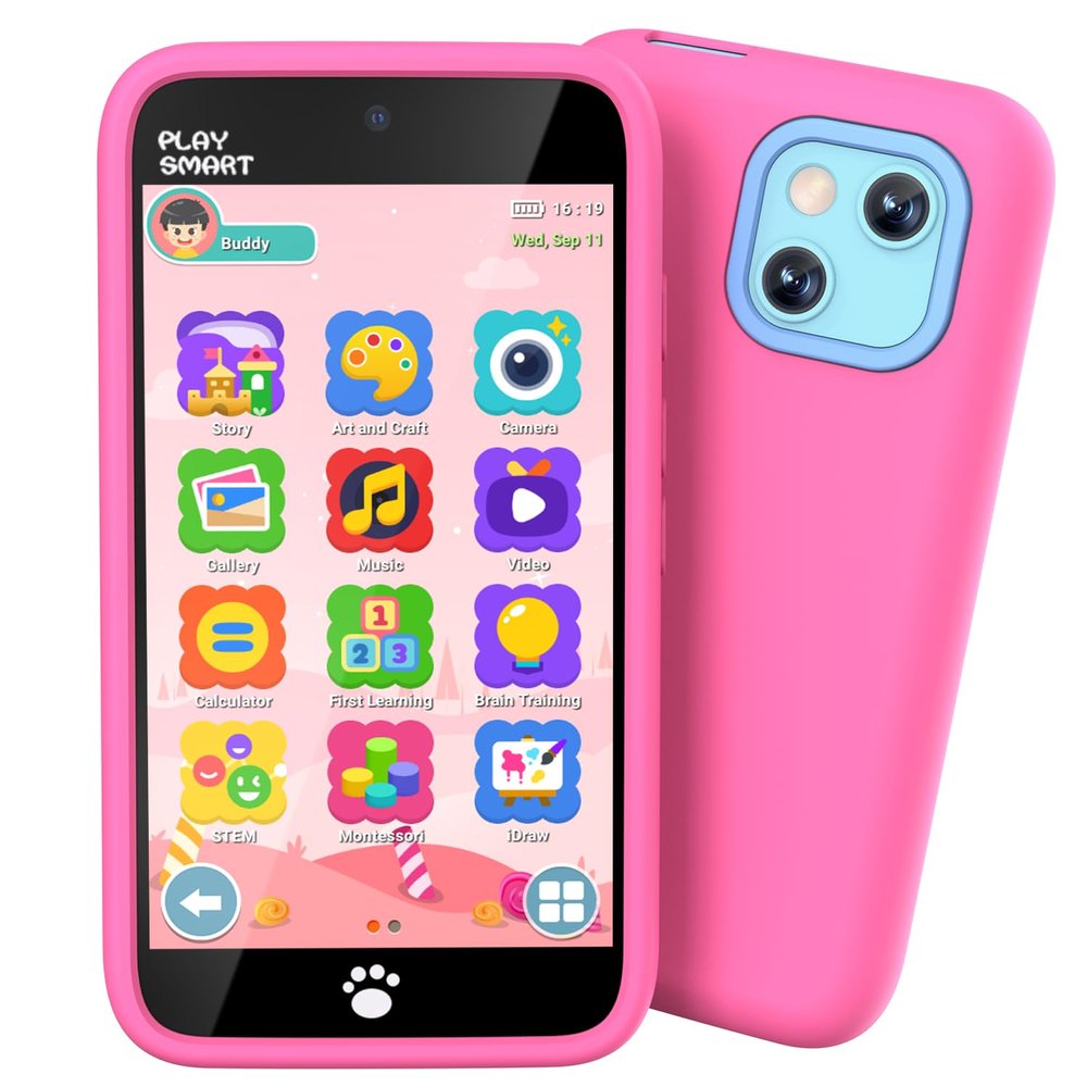 MOMILLA Toys Kids Smart Phone for Girls, Dual Camera with Stickers & Frames, 3.97" Touchscreen, 200+ Educational Games, Toddler Phone with Parental Control for Ages 3-8, Birthday Gifts for Kids