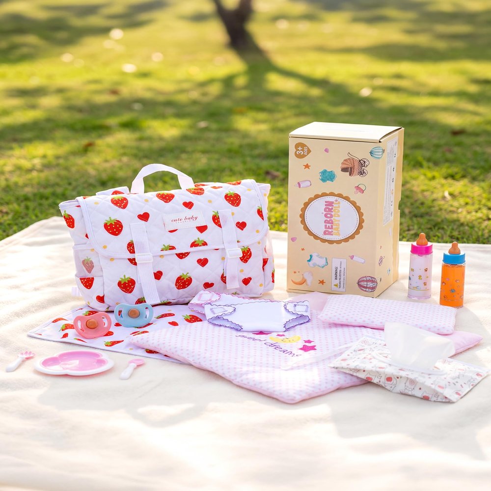 BABESIDE 14 Pcs Baby Doll Accessories Set for 1215 Inch Dolls, Strawberry Print Baby Doll Diaper Bag with Feeding Bottles & Pacifiers, Dolls Blanket, Changing Pad for Pretend Play