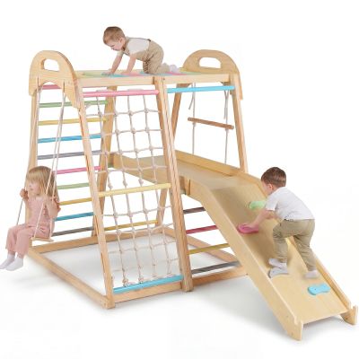OLAKIDS Indoor Jungle Gym, 8 in 1 Wooden Montessori Toddler Climbing Toys with Adjustable Ramp Swing Slide, Monkey Bar Rope Ladder Waiting Area (Colorful)