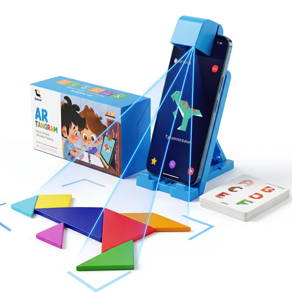 Qxtamo STEM Toys for Kids Ages 4-6, AR Tangram Puzzles with 1000+ Combinations & 20 Cognitive Cards, Food-Grade Silicone Sensory Toy, Interactive Family Games & Meaningful Screen Time Alternative