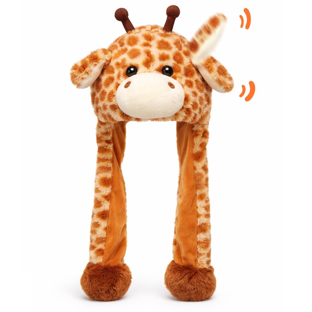 Bubblepompom Giraffe Hat with Ears Moving Jumping Pop Up Beating Hat Plush Earflaps Holiday Cosplay Costume Dress Up Funny Gift for Kids, 22''