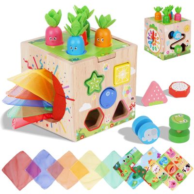 KMTJT Wooden Activity Cube - Montessori Toys for 1 2 3 Year Old Toddlers