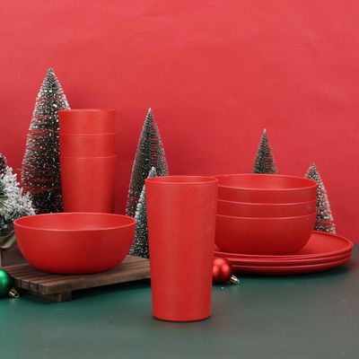 12-Piece Plastic Etched Bow Dinnerware Set, Red, BPA-Free Polypropylene, 10.5" Plates/38oz Bowls/26oz Tumblers, Top-Rack Dishwasher Safe, Indoor/Outdoor Use, for Holiday Parties/Everyda