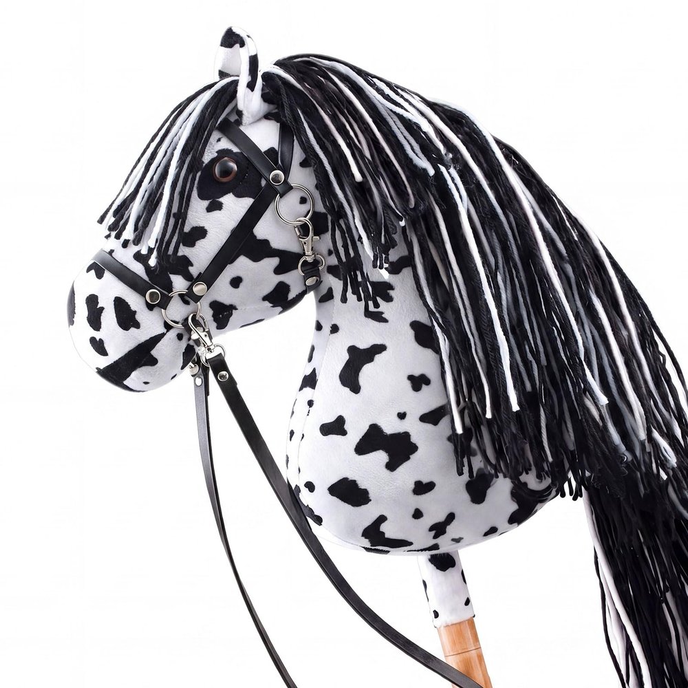 Teyva Daily Large Hobby Horse, Realistic Head, Long Flowing Mane, Removable Leather Reins, Solid Wooden Stick for Equestrian Training & Competition, Screen-Free Fun for Active Kids(Black and White)