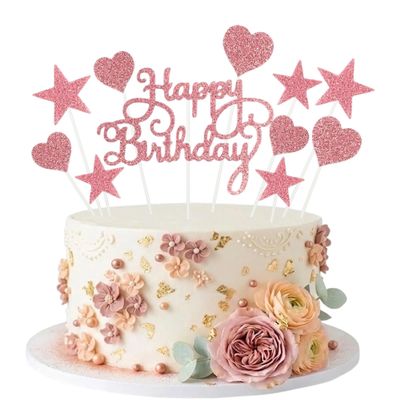 Pink Happy Birthday Cake Topper Single Sided Glitter Paper Cake Decoration with 10 Heart Star Cupcake Toppers for Girls Kids Birthday Party Dessert Table