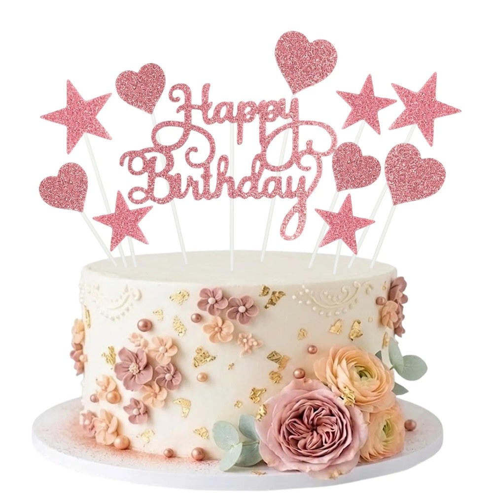 Pink Happy Birthday Cake Topper Single Sided Glitter Paper Cake Decoration with 10 Heart Star Cupcake Toppers for Girls Kids Birthday Party Dessert Table
