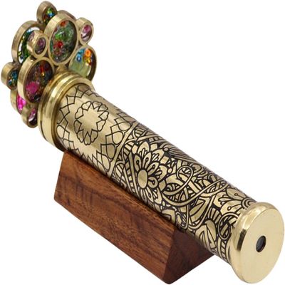 Brass Kaleidoscope with Engraved Floral Design, Colorful Jeweled End, Wooden Display Stand