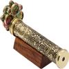 Brass Kaleidoscope with Engraved Floral Design, Colorful Jeweled End, Wooden Display Stand view 1