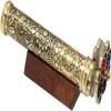 Brass Kaleidoscope with Engraved Floral Design, Colorful Jeweled End, Wooden Display Stand view 2