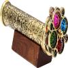 Brass Kaleidoscope with Engraved Floral Design, Colorful Jeweled End, Wooden Display Stand view 3