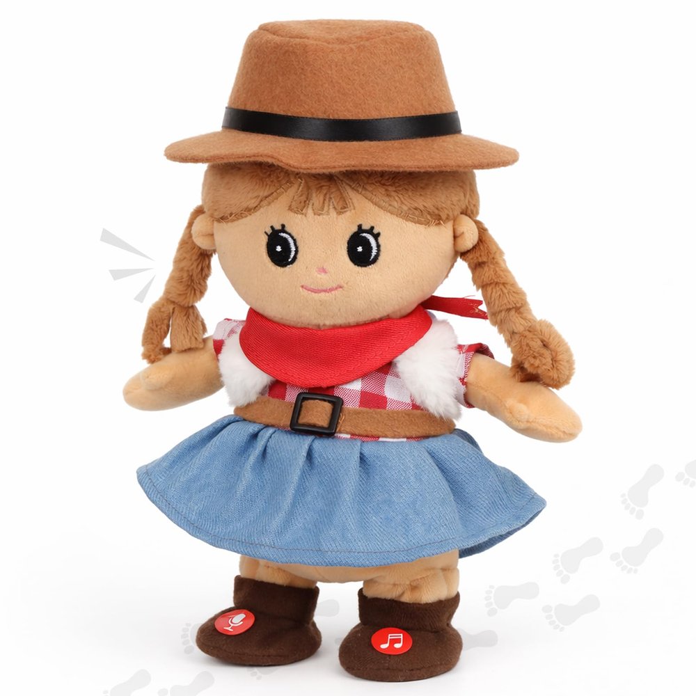 Hopearl Talking Singing Black Cowgirl Repeats What You Say Girl Walking Black Doll Electric Interactive Animated Toy Speaking Plush Buddy Gifts for Toddlers, 9.5''