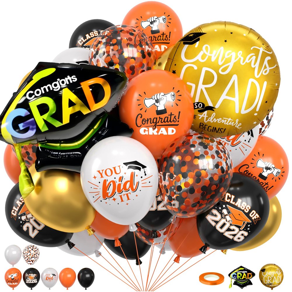 Orange and Black Graduation Balloons, 2026 Graduation Party Decorations with 12inch Grad Print Latex Balloons Grad Foil Balloon for College High School Class of 2026 Congrats Grad Party Supplies