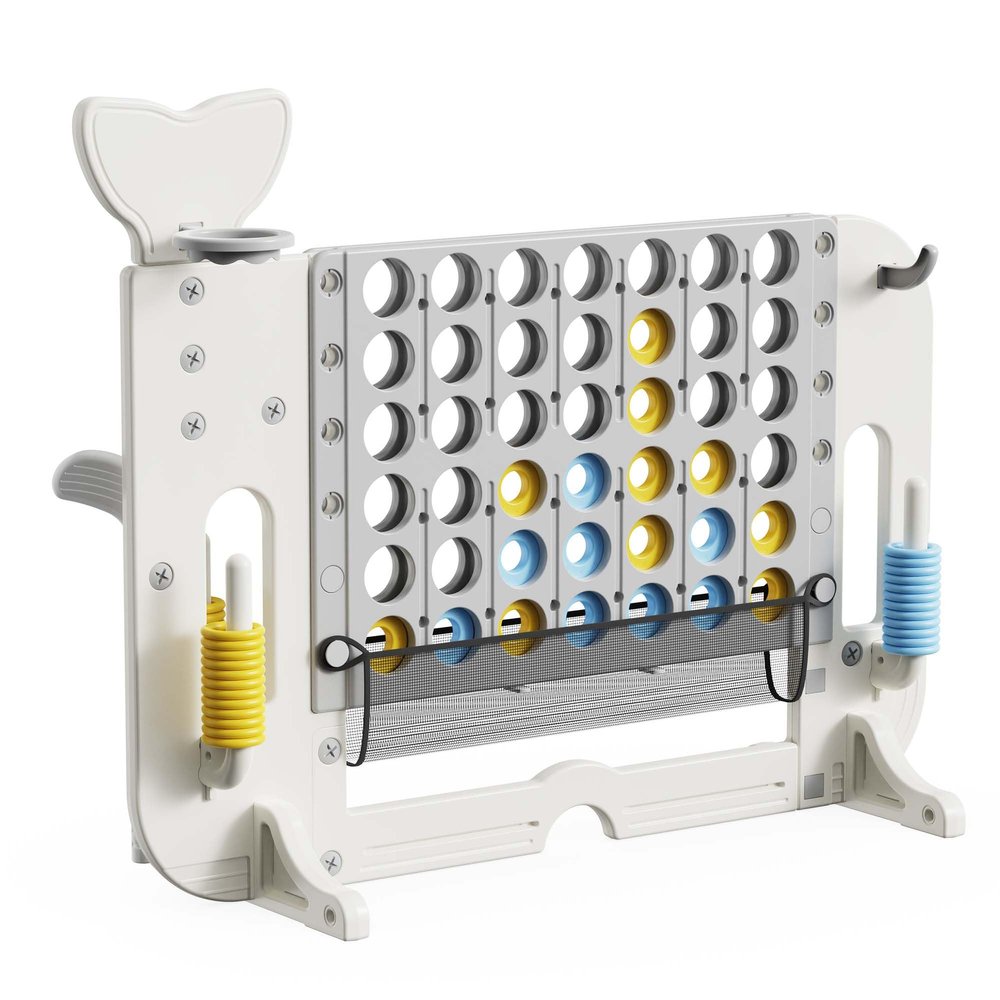 Giant Connect 4 Outdoor Yard Game with Mesh Bag, Jumbo Connect 4, Basketball Hoop, Ring Toss and Golf Games, Adjustable Height Family Game for Kids and Adults, Easy to Install (White+Gray)