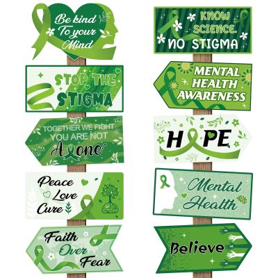 Abilat 20 Pcs Mental Health Awareness Decor Be Kind to Your Mind Green Ribbon Motivational Directional Signs for Theme Month School Corporate Wellness Party Photo Booth Props Door Wall Yard Decor