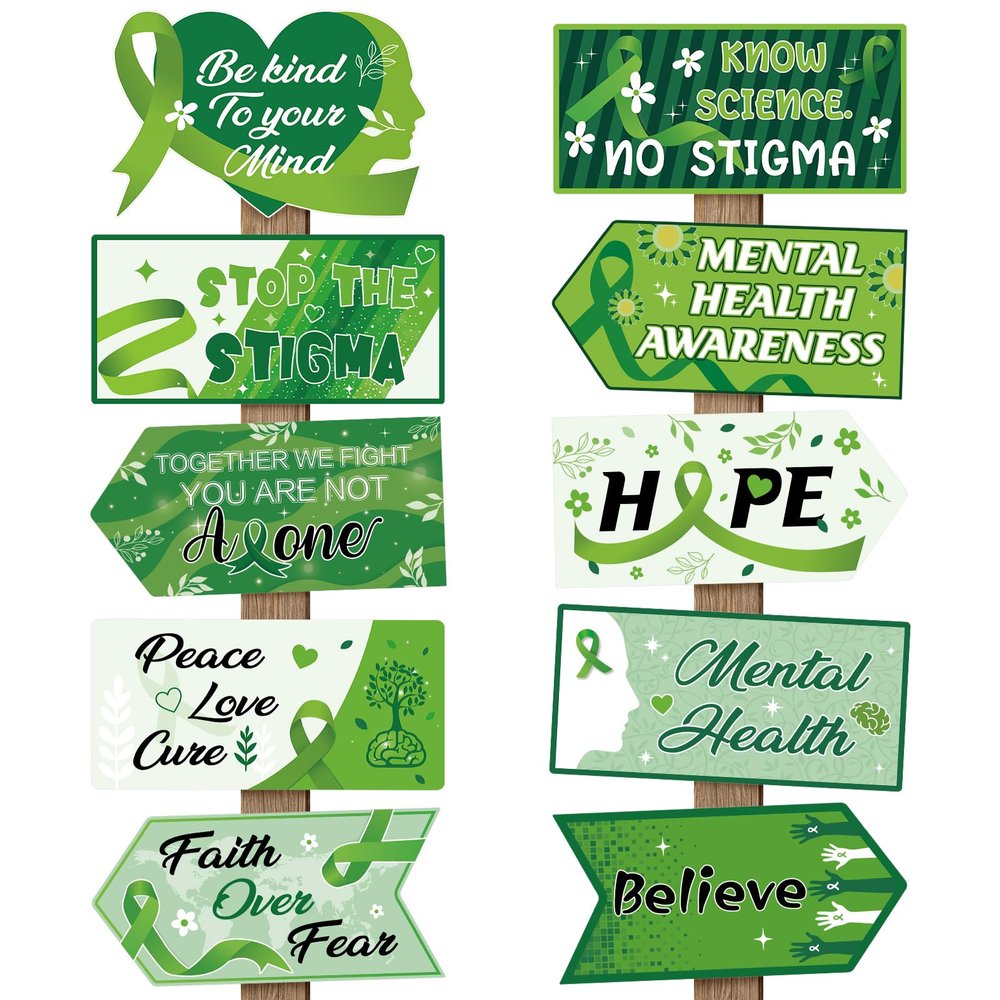 Abilat 20 Pcs Mental Health Awareness Decor Be Kind to Your Mind Green Ribbon Motivational Directional Signs for Theme Month School Corporate Wellness Party Photo Booth Props Door Wall Yard Decor