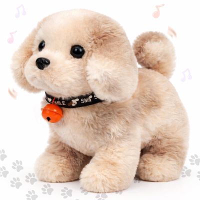 Hopearl Walking Point Dog Interactive Electronic Pet Plush Toy Puppy Woof and Moving Animated Nodding Head Gift for Toddlers Birthday, Light Brown, 7''
