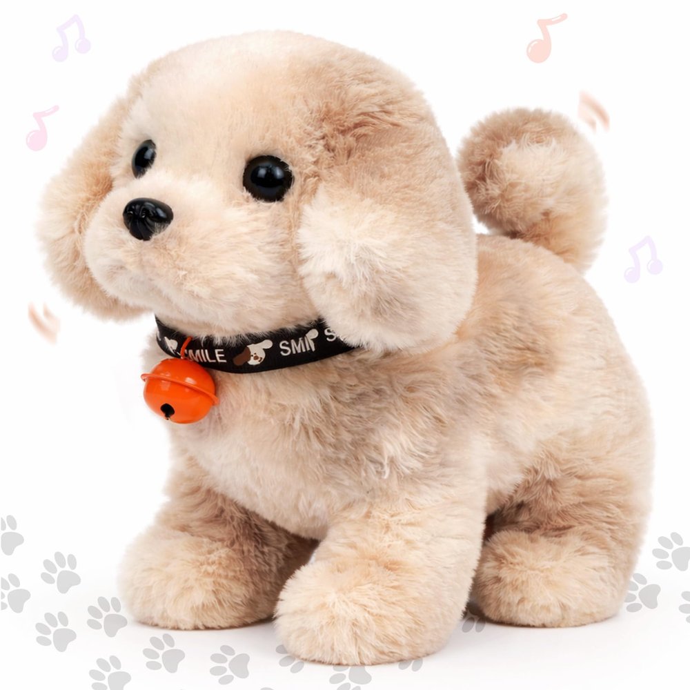 Hopearl Walking Point Dog Interactive Electronic Pet Plush Toy Puppy Woof and Moving Animated Nodding Head Gift for Toddlers Birthday, Light Brown, 7''