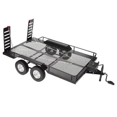 AMZSTAR RC Car Dual Axle Metal Trailer Climbing Vehicle Flatbed Trailer with Four Tires Wheels,Tail Lights,Metal Hitch Mount Trailer for 1/10 RC Crawler Car SCX10 TRX4 KM2 D90 Gen8