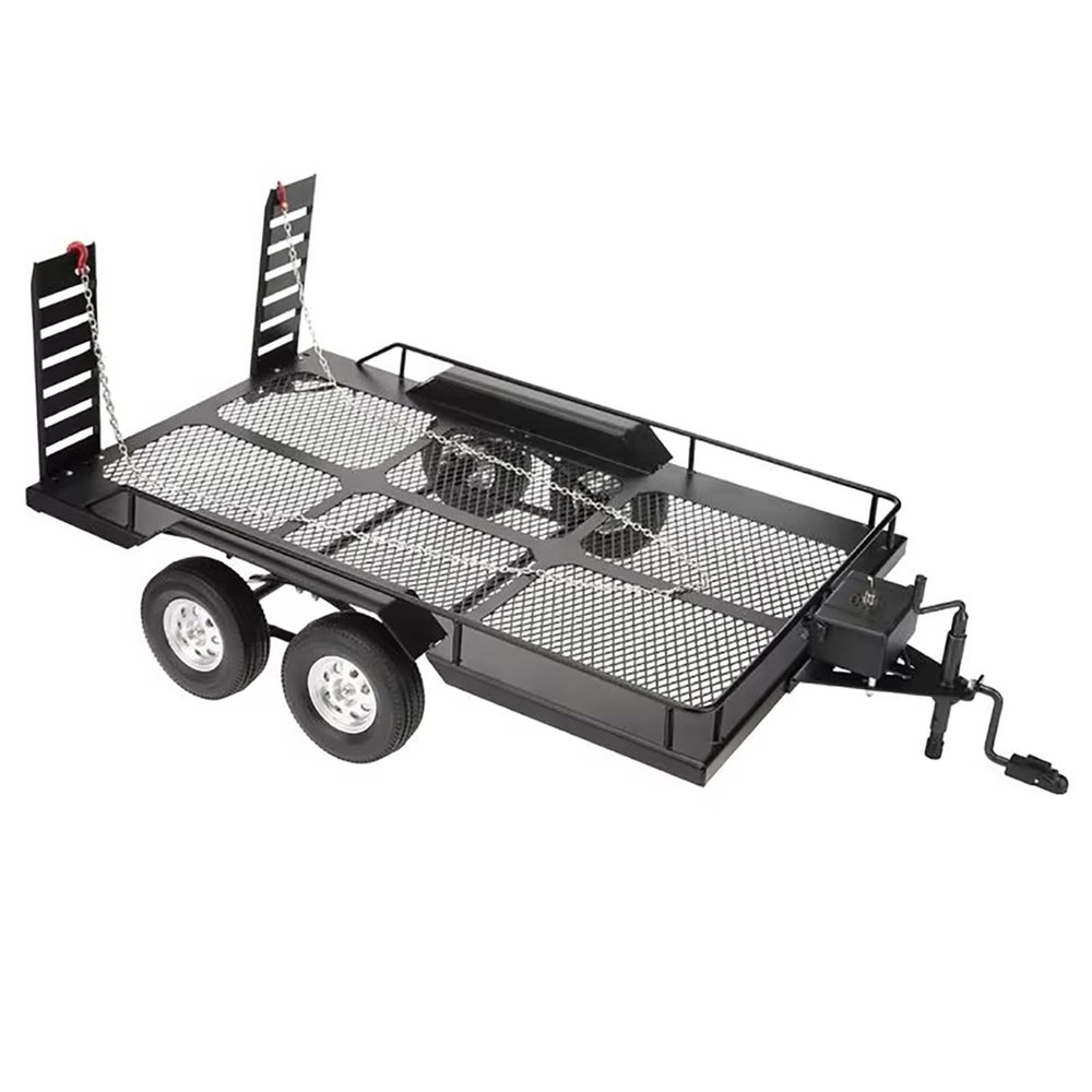 AMZSTAR RC Car Dual Axle Metal Trailer Climbing Vehicle Flatbed Trailer with Four Tires Wheels,Tail Lights,Metal Hitch Mount Trailer for 1/10 RC Crawler Car SCX10 TRX4 KM2 D90 Gen8