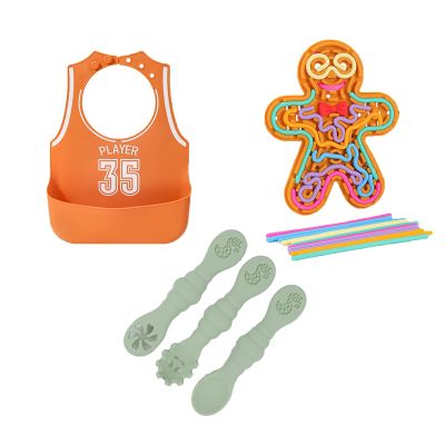 1 baby bib, 3 complementary food spoons, 1 gingerbread man stress relief board. BPA-free waterproof baby feeding bibs and complementary food spoons, suitable for babies and children aged 6-12 months.