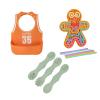 1 baby bib, 3 complementary food spoons, 1 gingerbread man stress relief board. BPA-free waterproof baby feeding bibs and complementary food spoons, suitable for babies and children aged 6-12 months. view 1