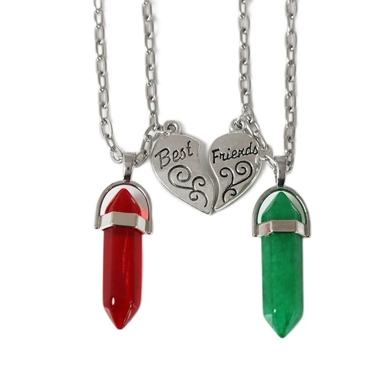APXXAIBO "Best Friends Natural Stone Crystal Point & Split Heart Necklace Set, Adjustable Couple Necklace (FN0818)
