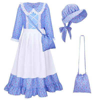 Meland Pioneer Dress for Girls, Colonial Floral Costume with Bonnet Apron & Purse, Dress Up Clothes for Girls Ages 5-13 (Blue, 11-13 Years)