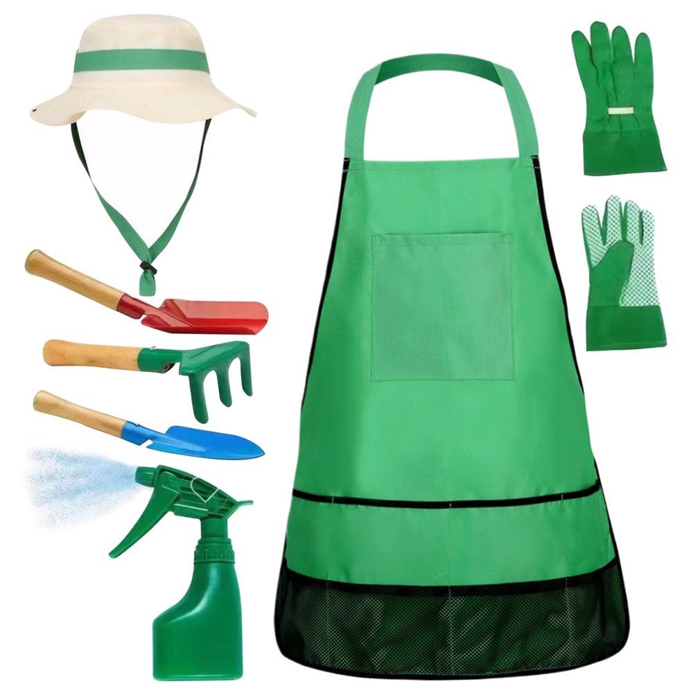 Kids Gardening Set 7Pcs/Set Educational Toddler Gardening Includes Apron Sprayer Gloves Hat Rake Shovels Kids Tool for Home Cosplay Present for Home