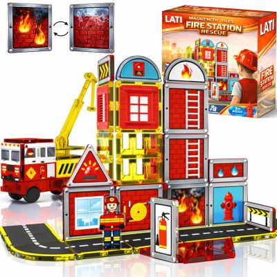 LATI Fire Rescue Magnetic Tiles for Kids,Double-Sided Fire & Rescue Blocks with Fire Truck, Station, Roads & Crane, STEM Magnetic Building Blocks for Boys & Girls Ages 3-8