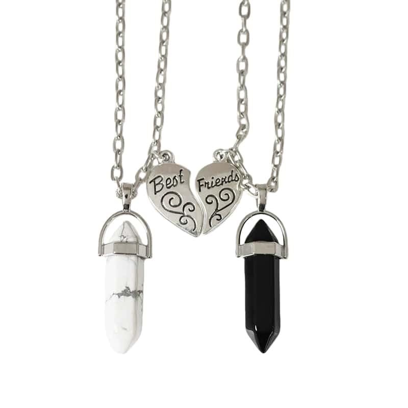 APXXAIBO "Best Friends Natural Stone Crystal Point & Split Heart Necklace Set, Adjustable Couple Necklace (FN0820)
