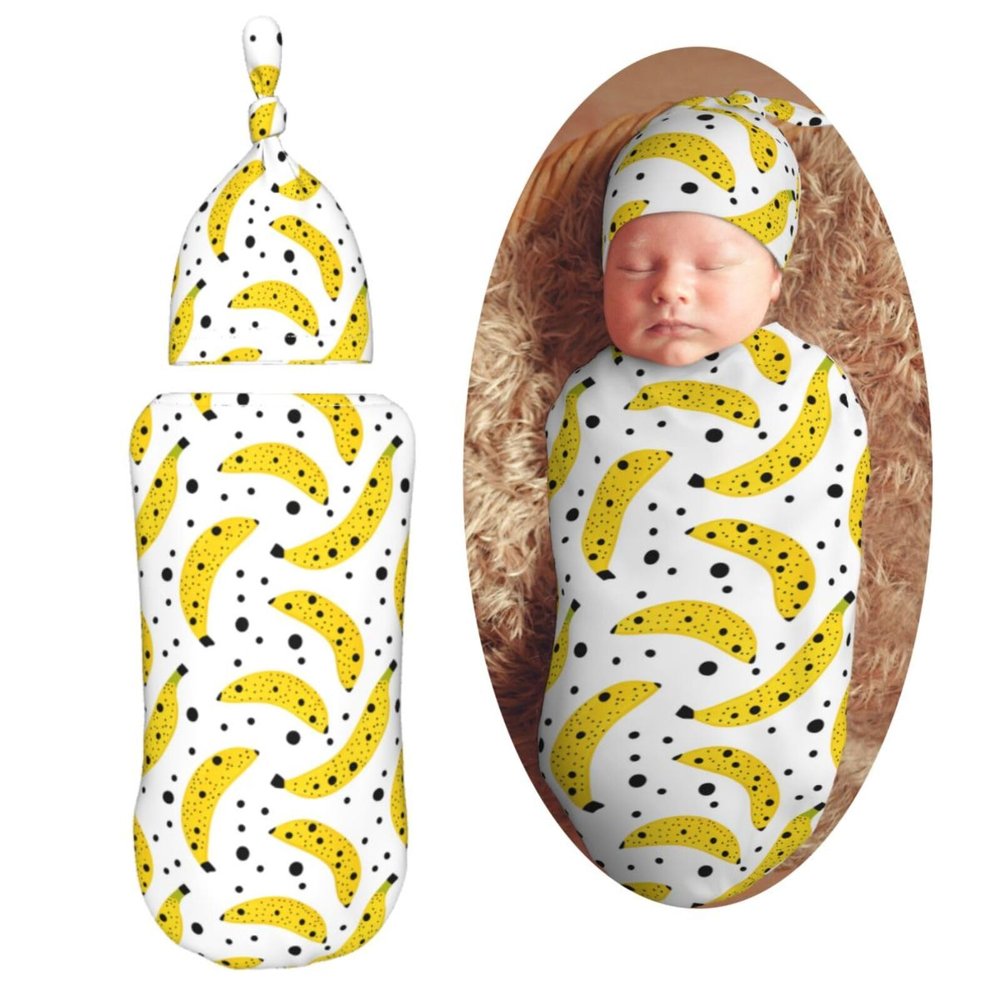 Muishi Bananas and Black Dot Newborn Swaddle Blankets Hat Sets Soft Baby Receiving Blanket Swaddle Sack for Baby Shower Infant Boy Girl Gift