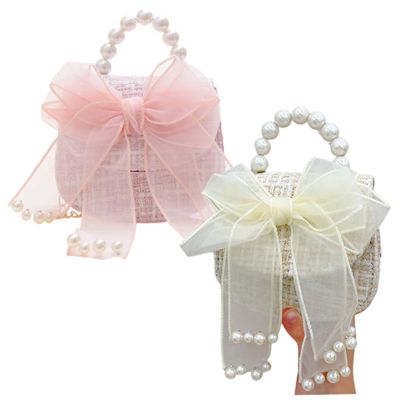 NIDONE 2Pcs Kids Purse with Bowknot, 5x5x2 Girls Purse with Pearl Handle for Little Girls, Cute Fashion Princess Handbags, Detachable Gold Chain