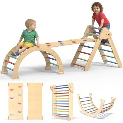 CMFYDAILY Large Pikler Triangle Set, 7-in-1 Toddler Climbing Toys Indoor, Wooden Montessori Climbing Set with Arch Ramp Ladder, Foldable Baby Jungle Gym Playground (Rainbow)