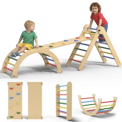 CMFYDAILY Large Pikler Triangle Set, 7-in-1 Toddler Climbing Toys Indoor, Wooden Montessori Climbing Set with Arch Ramp Ladder, Foldable Baby Jungle Gym Playground (Rainbow RD)