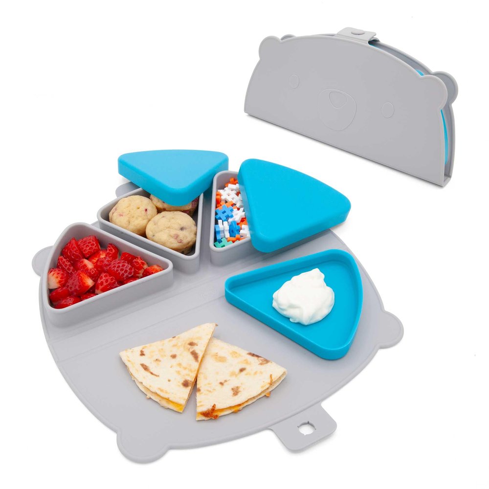 321 Grow Silicone On-The-Go Snack Mat Foldable Reusable Placemat with 3 Compartments and Lids Travel-Friendly Baby and Toddler Snack Plate Dishwasher Safe (Pebble)