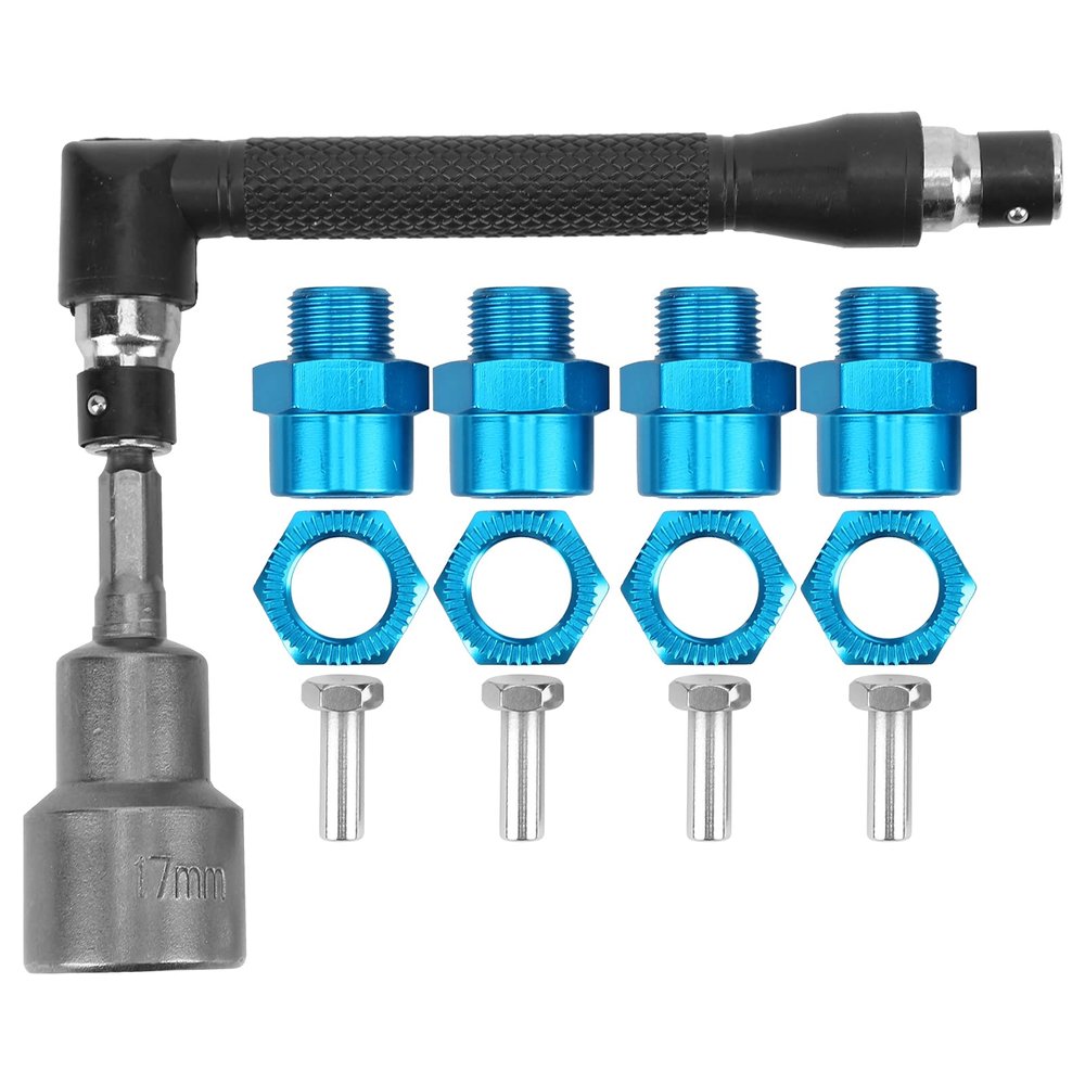 12mm to 17mm Wheel Hex Hub Adapter Socket Spanner Set, Aluminum Alloy RC Car Conversion Tool with Steel Wrench for 1/10 1/8 Scale Remote Control Vehicles (Blue)