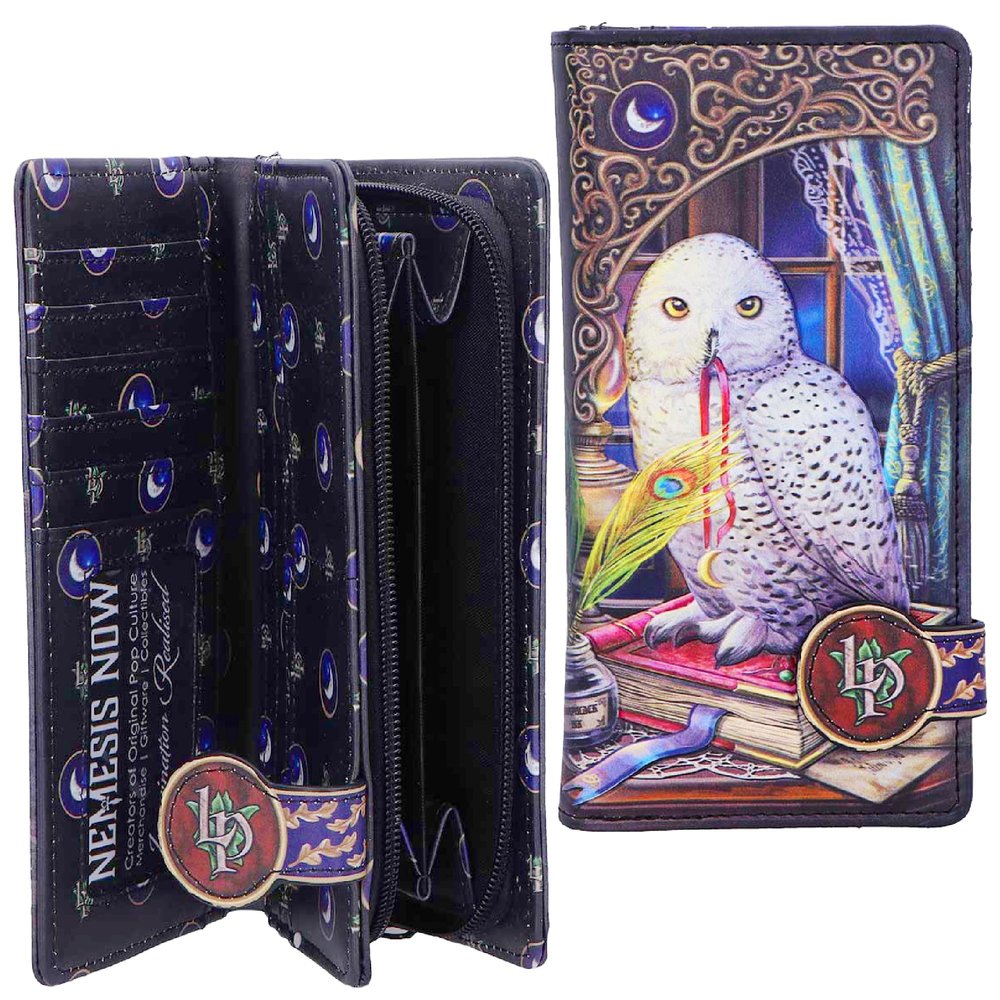 Nemesis Now Guardian of Spells Embossed Purse 18.5cm Lisa Parker Owl Wallet, Gothic Zip Around Purse with Card Slots and Coin Compartment, Fantasy Accessory