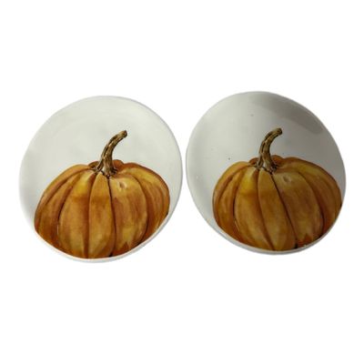 2pc Set Fall Autumn White plate with watercolor-styled pumpkin Design 4.5" Round Tidbit Plate set Spoon Rest (White With Orange Pumpkin)
