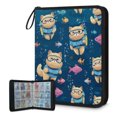 DJYQBFA Card Binder 9 Pocket with 50 Removable Sleeves - Holds 900 Trading Cards, Scuba Cat Underwater With Fish 3-Ring Zip Top Loader Binder, Protective Album for Collectors