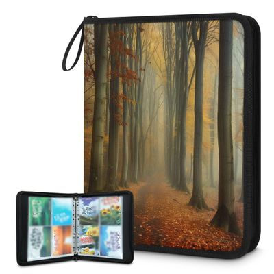 DJYQBFA Card Binder 4 Pocket with 50 Removable Sleeves - Holds 400 Trading Cards, Autumn Forest Path Mist 4-Ring Zip Top Loader Binder, Protective Album for Collectors