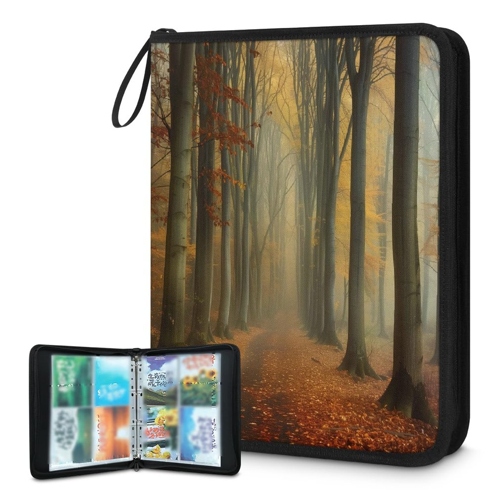 DJYQBFA Card Binder 4 Pocket with 50 Removable Sleeves - Holds 400 Trading Cards, Autumn Forest Path Mist 4-Ring Zip Top Loader Binder, Protective Album for Collectors