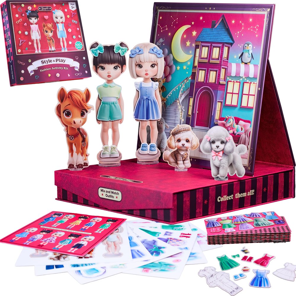 Beeplii Dress Up Dolls for Girls Premium Style & Play 3D Pop-Up Boutique Paper Dolls Kit, Lula & Ivy, 3 Pets & 100+ Mix & Match Outfits Screen-Free Birthday Gift for 5 6 7 8 9 Year Old Girls