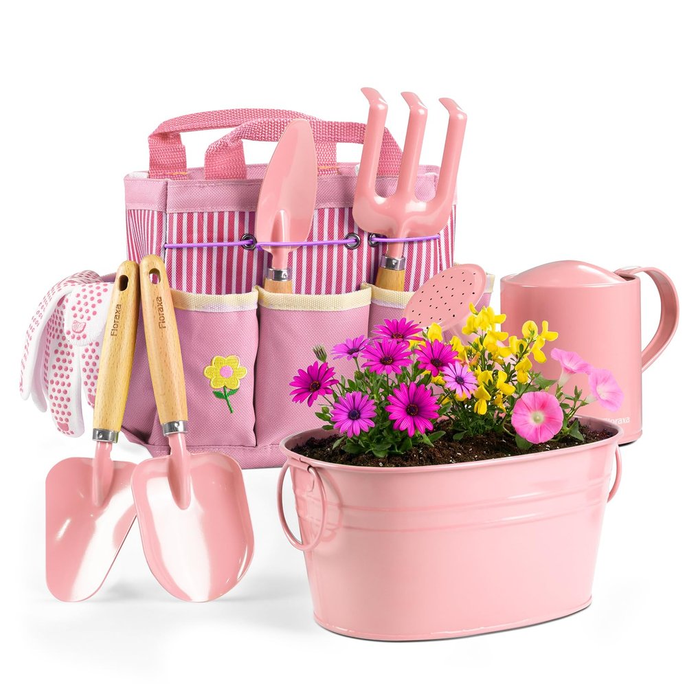 Floraxa 8Pcs Kids Gardening Set with Metal Basket & Real Metal Tools, STEM Outdoor Exploration Kit, Ergonomic Wooden Handles, 3 Shovels, Rake, Watering Can, Gloves, Toy Gift for Toddler Boys Girls