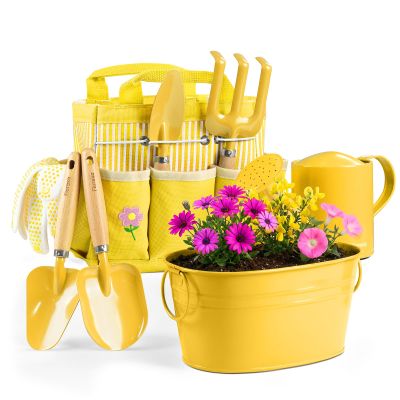 Floraxa 8Pcs Kids Gardening Set with Metal Basket & Real Metal Tools, STEM Outdoor Kit, Ergonomic Wooden Handles, 3 Shovels, Rake, Watering Can, Gloves, Gift for Toddler Boys Girls, Yellow