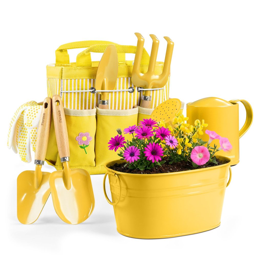 Floraxa 8Pcs Kids Gardening Set with Metal Basket & Real Metal Tools, STEM Outdoor Kit, Ergonomic Wooden Handles, 3 Shovels, Rake, Watering Can, Gloves, Gift for Toddler Boys Girls, Yellow